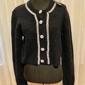 House Of Harlow Black Boucle Pearl And Rhinestone Beaded Cardigan Size M New